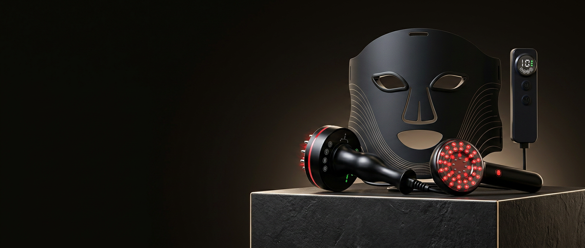 Glowrithm hero banner - LED therapy face mask, microcurrent sculpting device and red light scalp massager on a plinth